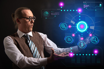 Funny nerd or geek with digital HUD elements
