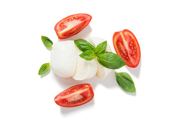 Mozzarella with tomatoes and basil leaves isolated on white background.