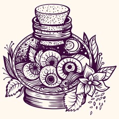 Magic potion: bottle jar with eyes inside. Tattoo art style illustration. Bohemian and gypsy motifs.