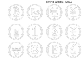 isometric vector coin set of world currencies. Isometric icons. Elements of design of a business concept. Vector design elements, business or finance theme. Outline