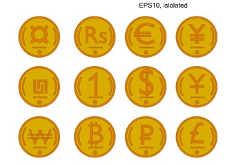 isometric vector coin set of world currencies. Isometric icons. Elements of design of a business concept. Vector design elements, business or finance theme