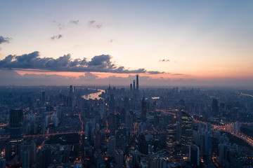 Aerial view of business area and cityscape in the dawn, West Nanjing Road, Jing` an district, Shanghai