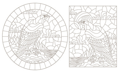Obraz premium A set of contour illustrations of stained glass Windows with eagles on the background of landscapes , dark contours on a white background