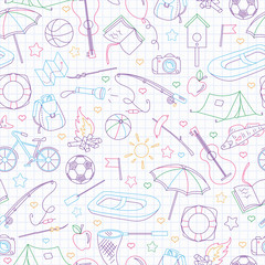 Seamless pattern on the theme of summer camp and vacations, simple contour icons are drawn with colored chalks on the clean writing-book sheet in a cage