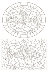 Set of contour illustrations of stained glass Windows with fish catfish , dark contours on a white background