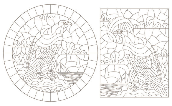 A set of contour illustrations of stained glass Windows with eagles on the background of landscapes , dark contours on a white background