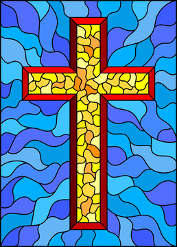 The illustration in stained glass style painting on religious themes, stained glass window in the shape of a yellow Christian cross , on a blue  background 