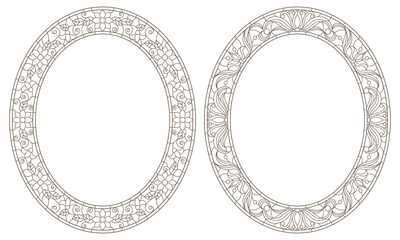 Set contour illustrations of stained glass with floral framework,dark outline on white background