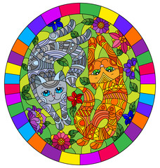 Illustration in stained glass style with a pair of cute cats on a background of meadows, bright flowers and sky, oval image in bright frame 