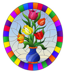 Illustration in stained glass style with floral still life, colorful bouquet of Tulips in a purple vase on a blue background, oval image in bright frame