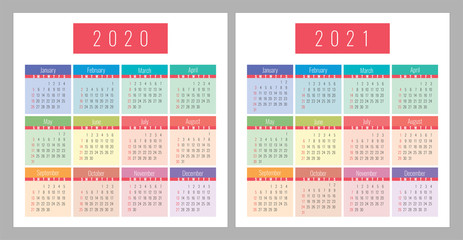 Calendar 2020, 2021. Square vector calender design template. English colorful set. Week starts on Sunday. New year