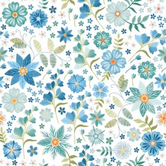 Beautiful seamless pattern with embroidery blue flowers on white background. Fashion summer design.