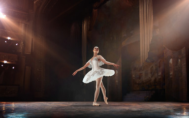 Ballet. Classical ballet performed by a couple of ballet dancers on the stage of the opera house.