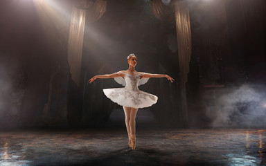 Ballet. Classical ballet performed by a couple of ballet dancers on the stage of the opera house.