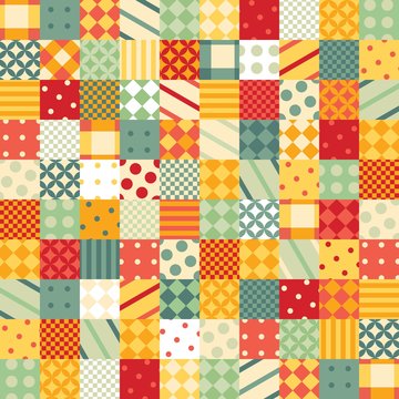 Colorful patchwork pattern. Seamless design of bright squares with geometric patterns.