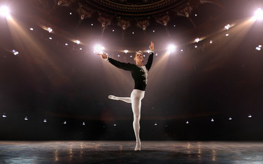 Ballet. Classical ballet performed by a couple of ballet dancers on the stage of the opera house.