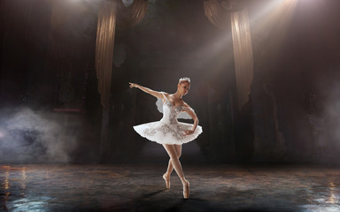 Ballet. Classical ballet performed by a couple of ballet dancers on the stage of the opera house.