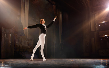 Ballet. Classical ballet performed by a couple of ballet dancers on the stage of the opera house.