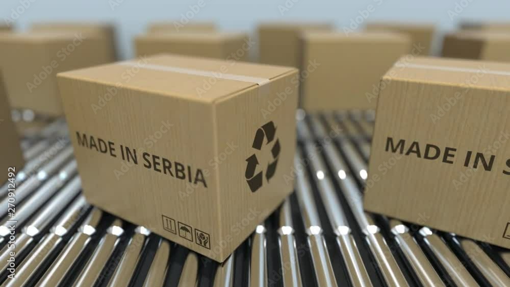 Poster boxes with made in serbia text on roller conveyor. serbian goods related loopable 3d animation