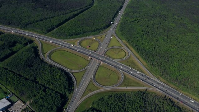 Aerial view of highway interchange. Road junction. Aerial view.