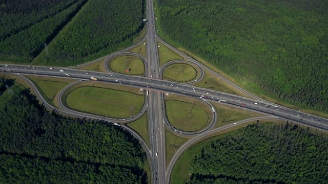 Aerial view of highway interchange. Road junction. Aerial view.