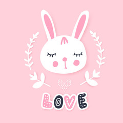 Cute bunny greeting card. Funny illustration. Lovely rabbit.