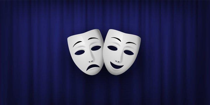 Comedy and Tragedy theatrical mask isolated on a blue curtain background. Vector illustration.