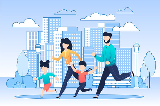 Happy Family on Jogging in City Flat Illustration