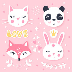 Vector set with cartoon animals - panda, bunny, cat, fox. Funny series animals.