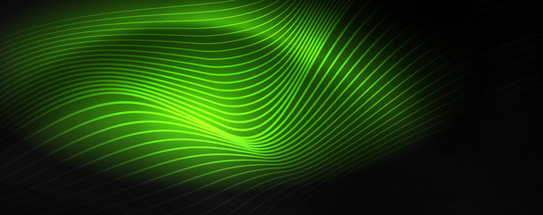 Smoky glowing waves in the dark. Dark abstract background with neon color light and wavy lines. Vector