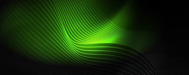 Smoky glowing waves in the dark. Dark abstract background with neon color light and wavy lines. Vector