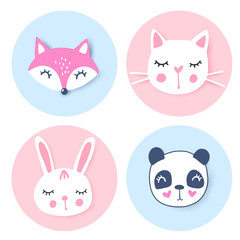 Vector set with cartoon animals - panda, penguin, cat, bear. Funny series animals. Adorable animals.