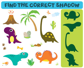 Find the correct shadow. Adorable dinosaurs isolated on white background