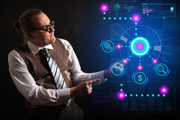 Funny nerd or geek with digital HUD elements