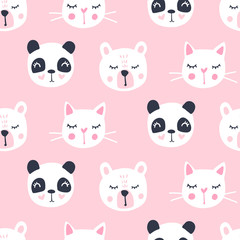 Cute seamless pattern with teddy bear, panda, cat. Vector cartoon animals background.