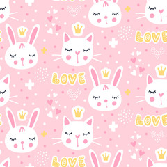 Vector seamless pattern with cute princess bunny. Pink background.