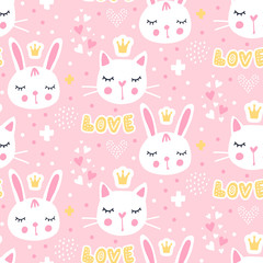 Vector seamless pattern with cute princess bunny. Pink background.