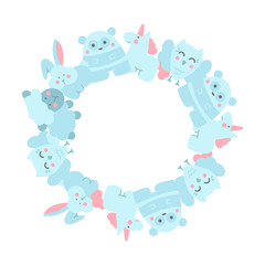 Round frame template with doodle characters.