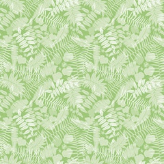 Vector green seamless pattern with transparent ferns, leaves and wild flower. Suitable for textile, gift wrap and wallpaper.