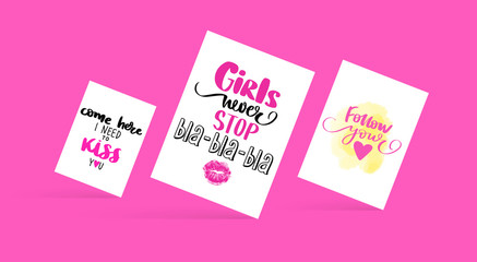 Set with fashion cards with inspiration quote about girls, love, kisses.