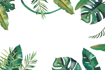 Handdrawn watercolor frame with tropical green leaves