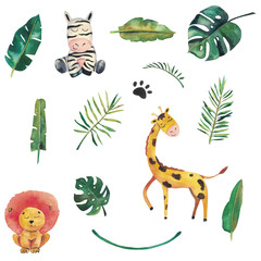 Handdrawn watercolor jungle set. Tropical leaves, lion, zebra, giraffe