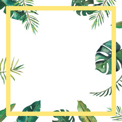 Fototapeta na wymiar Handdrawn watercolor frame with tropical green leaves
