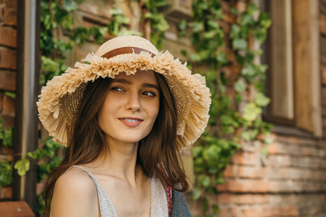 Portrait young woman with hat in summer. fashion concept. model girl