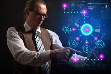 Funny nerd or geek with digital HUD elements