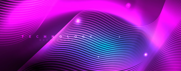 Trendy neon blue abstract design with waves and circles. Neon light glowing effect. Abstract digital background.