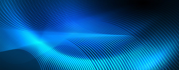 Trendy neon blue abstract design with waves and circles. Neon light glowing effect. Abstract digital background.