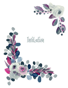 Floral corner borders of watercolor indigo and crimson roses and plants, hand drawn on a white background, Invitation card design
