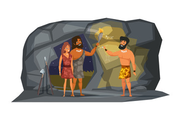 Stone age people discover fire illustration.
