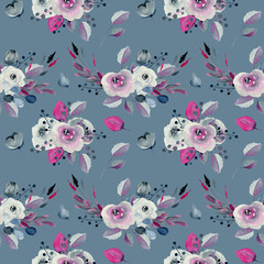 Watercolor bouquets of indigo and crimson flowers seamless pattern, hand drawn on a dark blue background